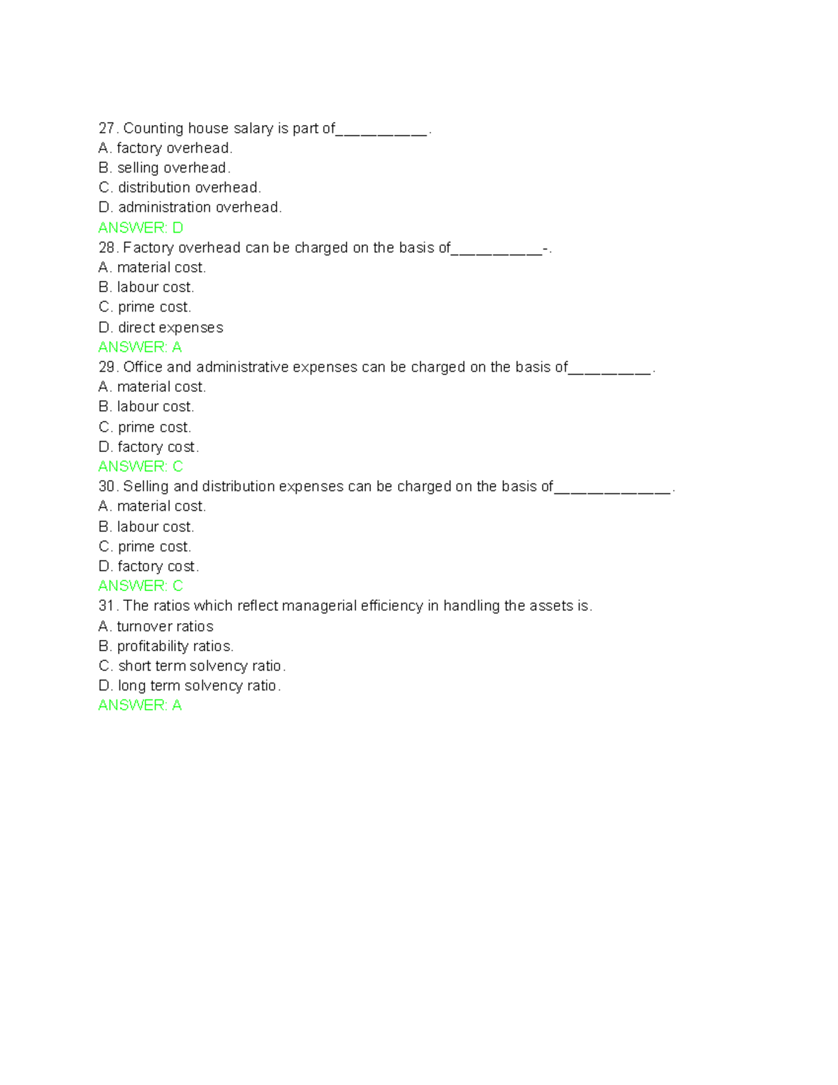 Cost accounting multiple choice questions - Counting house salary is ...