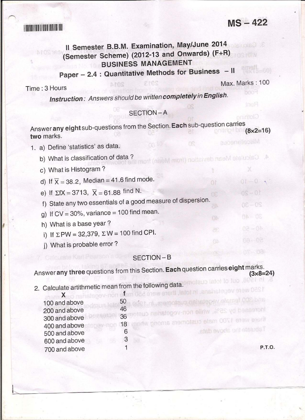 Exam May 2015, Questions - MS 422 Ll Semester B.B. Examination, 2014 ...