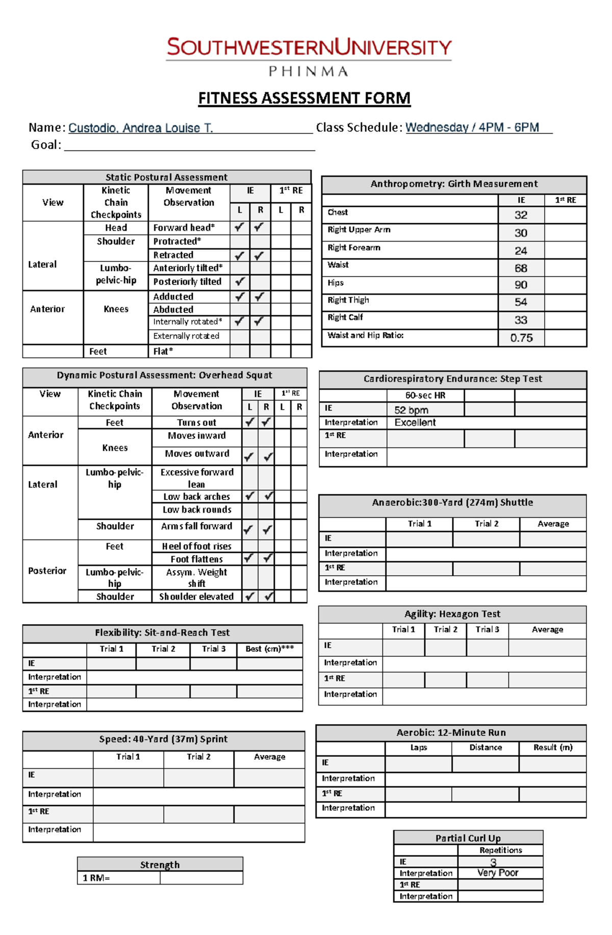 Custodio, Andrea Louise T - FITNESS ASSESSMENT FORM Name