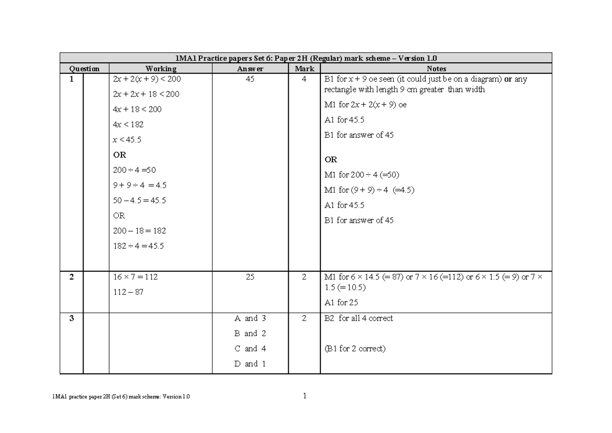 Practice 6 MS - Paper 2 H Edexcel Maths GCSE - Question Working Answer ...