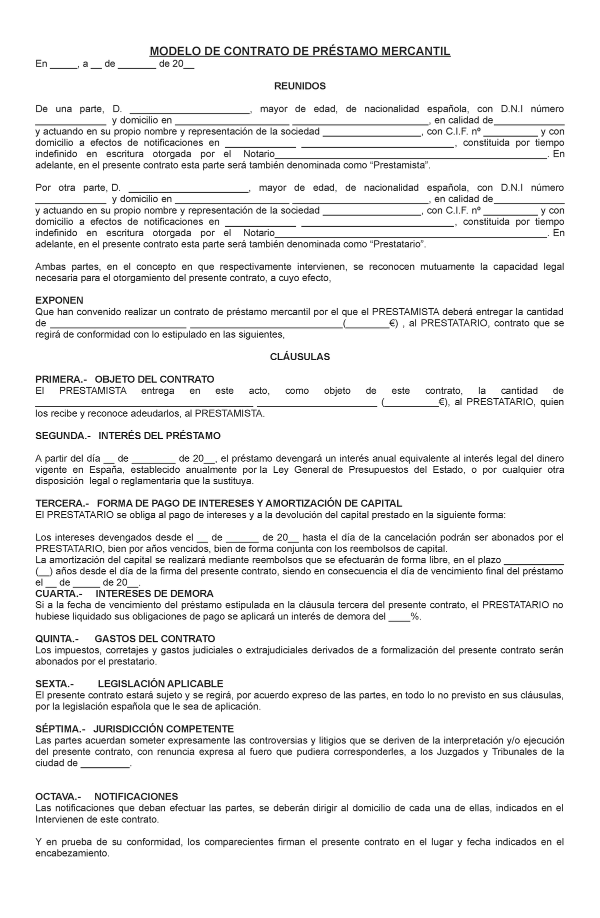 Contrato De Prestamo Mercantil Modelo De Contrato De PrÉstamo Mercantil En A De 6114