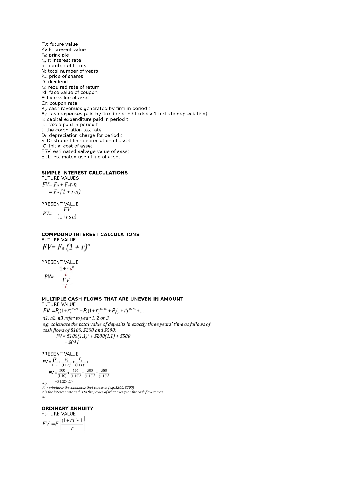 Finm Equations - Fv: Future Value Pv,f: Present Value F 0 : Principle 