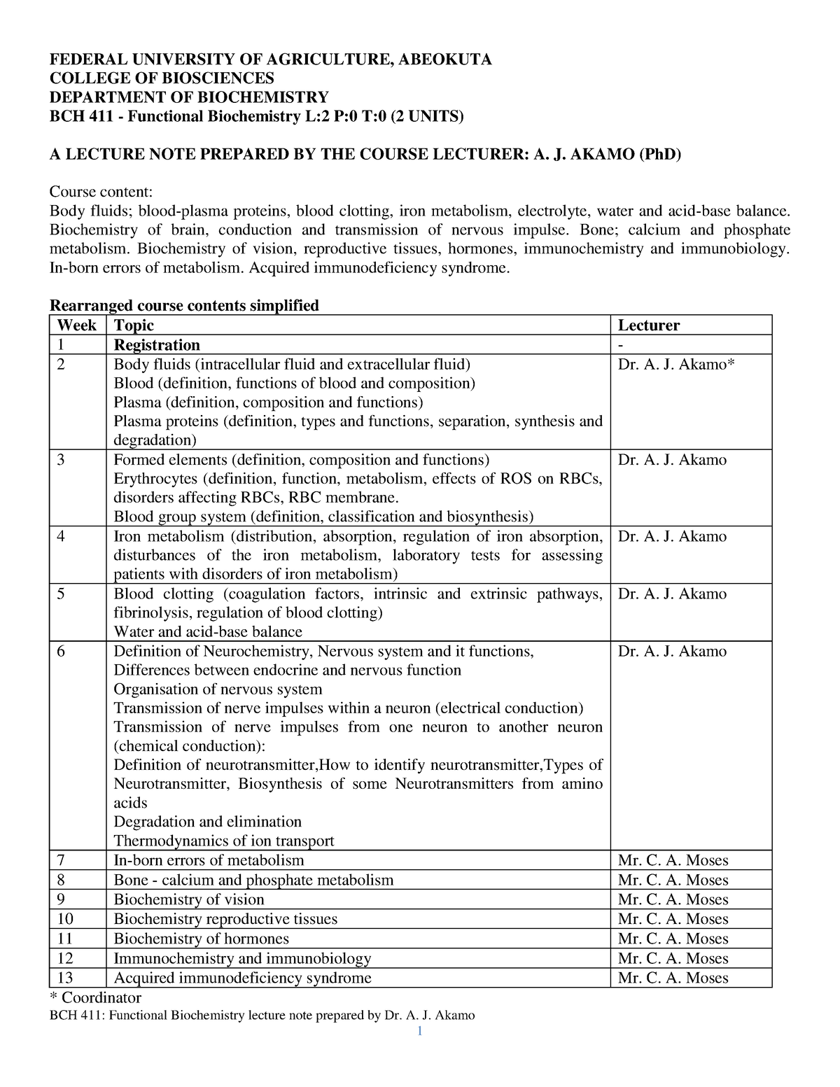 BCH 411 LN Functional Biochemistry - A. J. Akamo FEDERAL UNIVERSITY OF ...