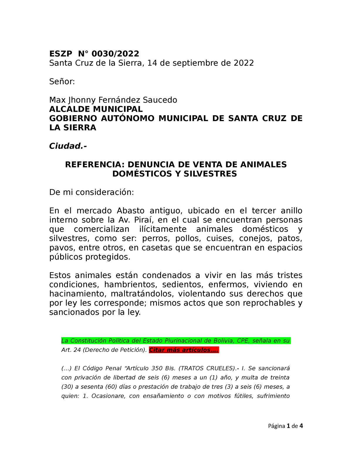 Carta De Denuncia Modelo 14.09.2022 .docx V1 - ESZP N° 0030/ Santa Cruz ...