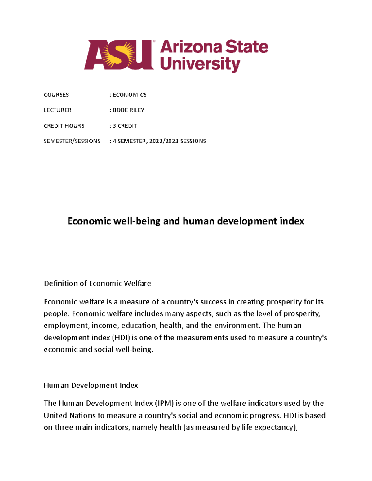 Economic well-being and human development index - COURSES : ECONOMICS ...