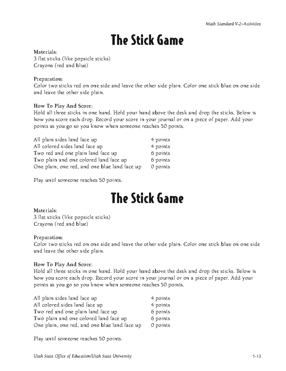 Stick game - Utah State Office of Education/Utah State University 5 ...
