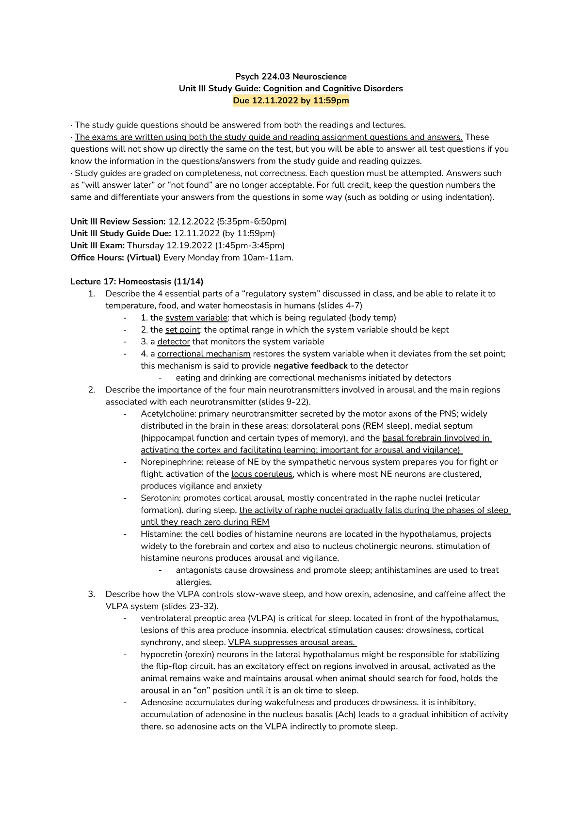 224 Unit III Study Guide (F22) - Psych 224 Neuroscience Unit III Study ...