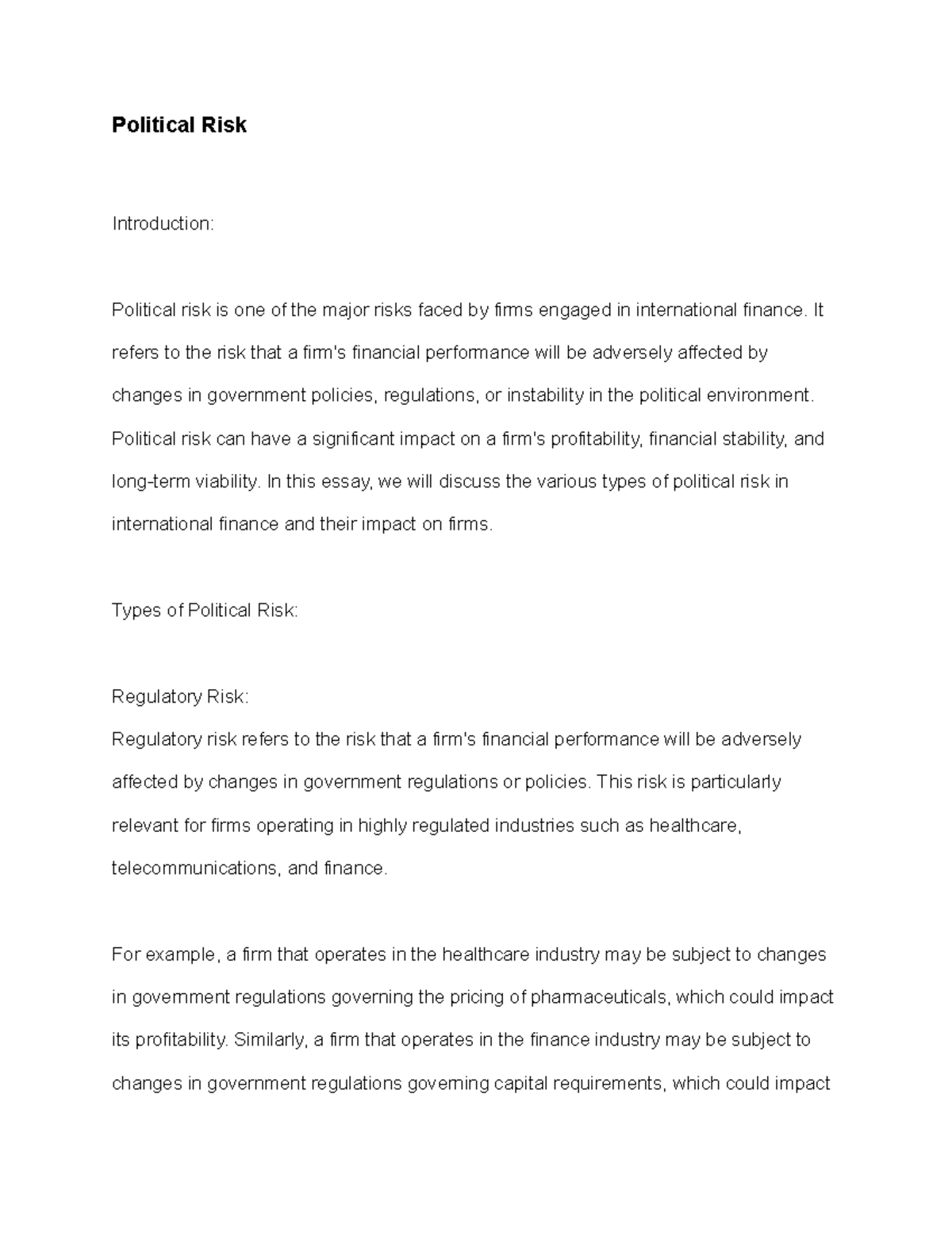 Political Risk - Political Risk Introduction: Political risk is one of ...