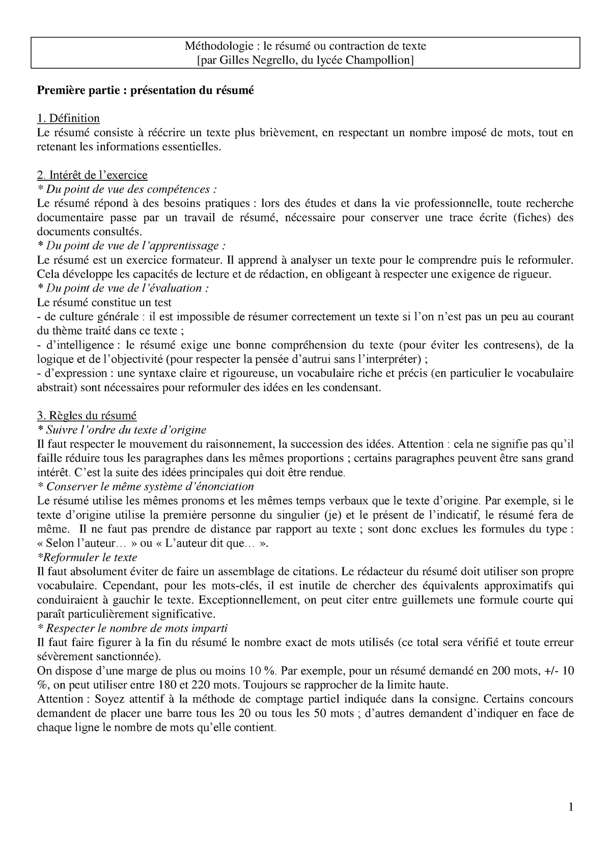 Methodo Resume Resume Methodologie Le Ou Contraction De Texte Gilles Negrello Du Partie Du Studocu