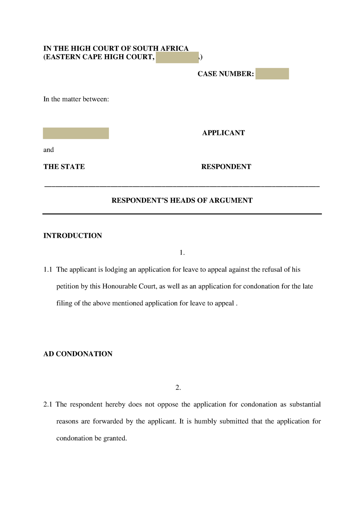 Example Heads Of Argument LPRC 4812 IN THE HIGH COURT OF SOUTH 