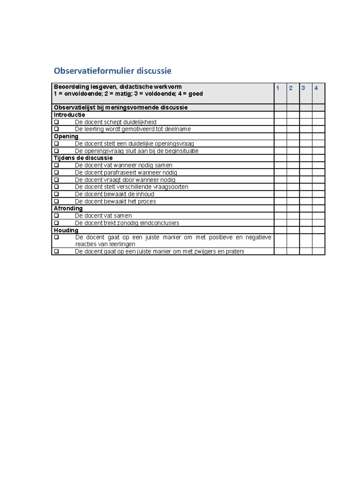 Observatieformulier Voor Het Voeren Van Een Discussie ...