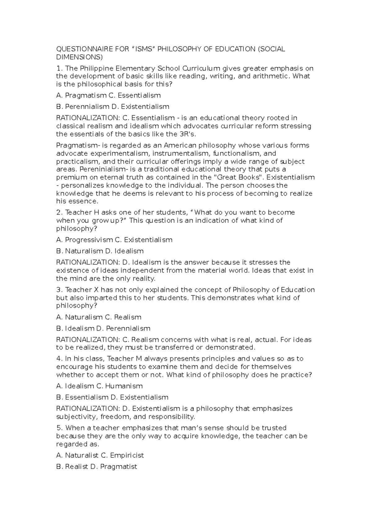 Questionnaire FOR - i have - QUESTIONNAIRE FOR “ISMS” PHILOSOPHY OF ...