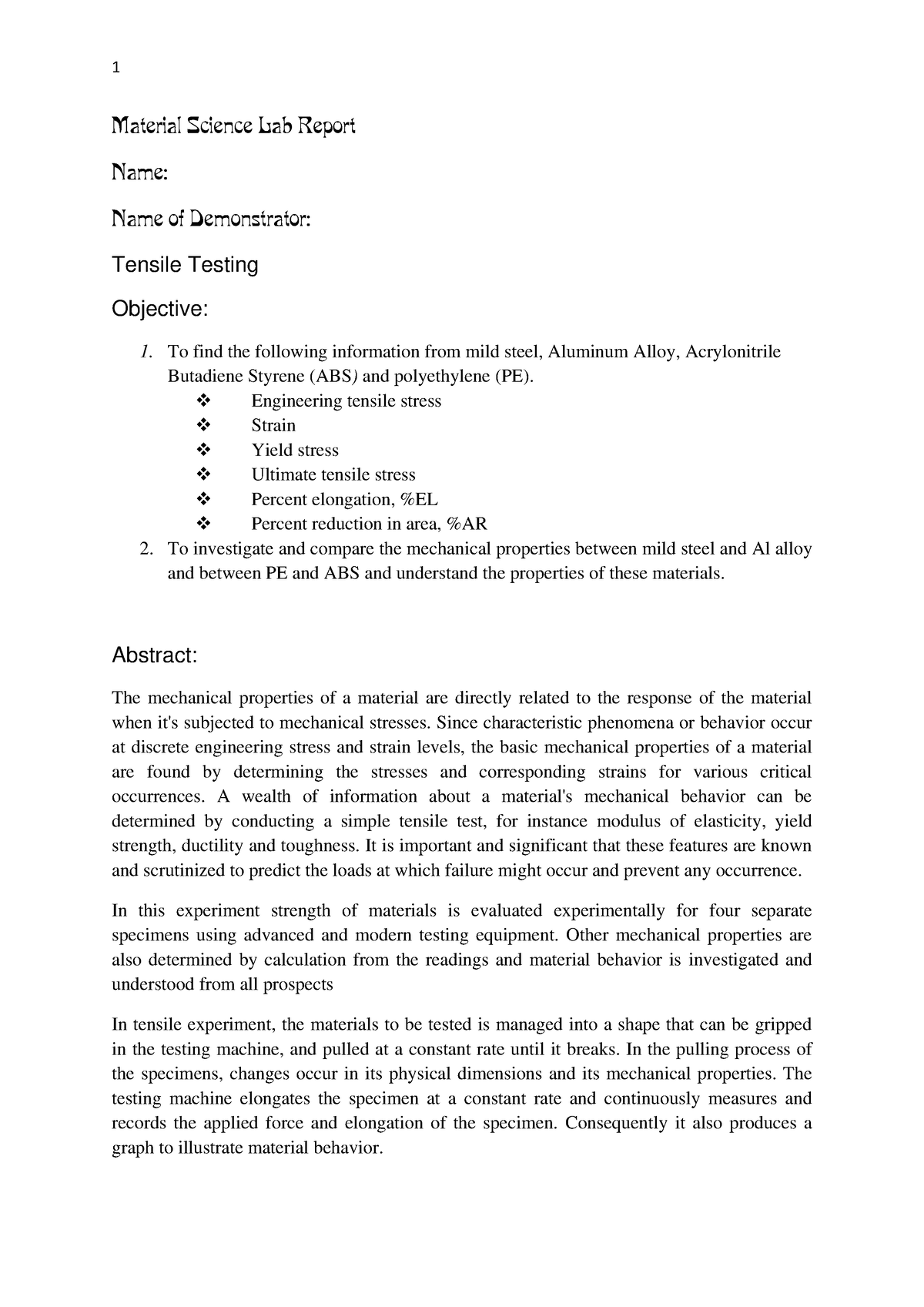 Report Tensile Testing A+ Lab report Material Science - Material ...