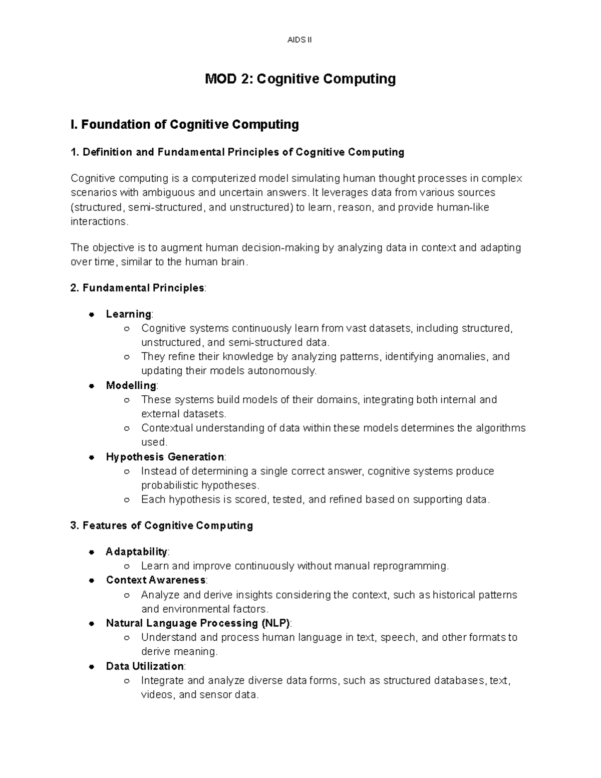 AIDS II MOD 2 Notes - MOD 2: Cognitive Computing I. Foundation of ...