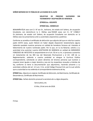 Modelo de aceptación de herencia - SEÑOR NOTARIO DE FE PÚBLICA DE LA CIUDAD  DE EL ALTO SOLICITUD DE - Studocu