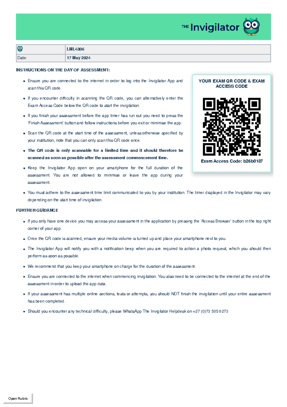 Code instructions - YOUR EXAM QR CODE & EXAM ACCESS CODE Exam Access ...