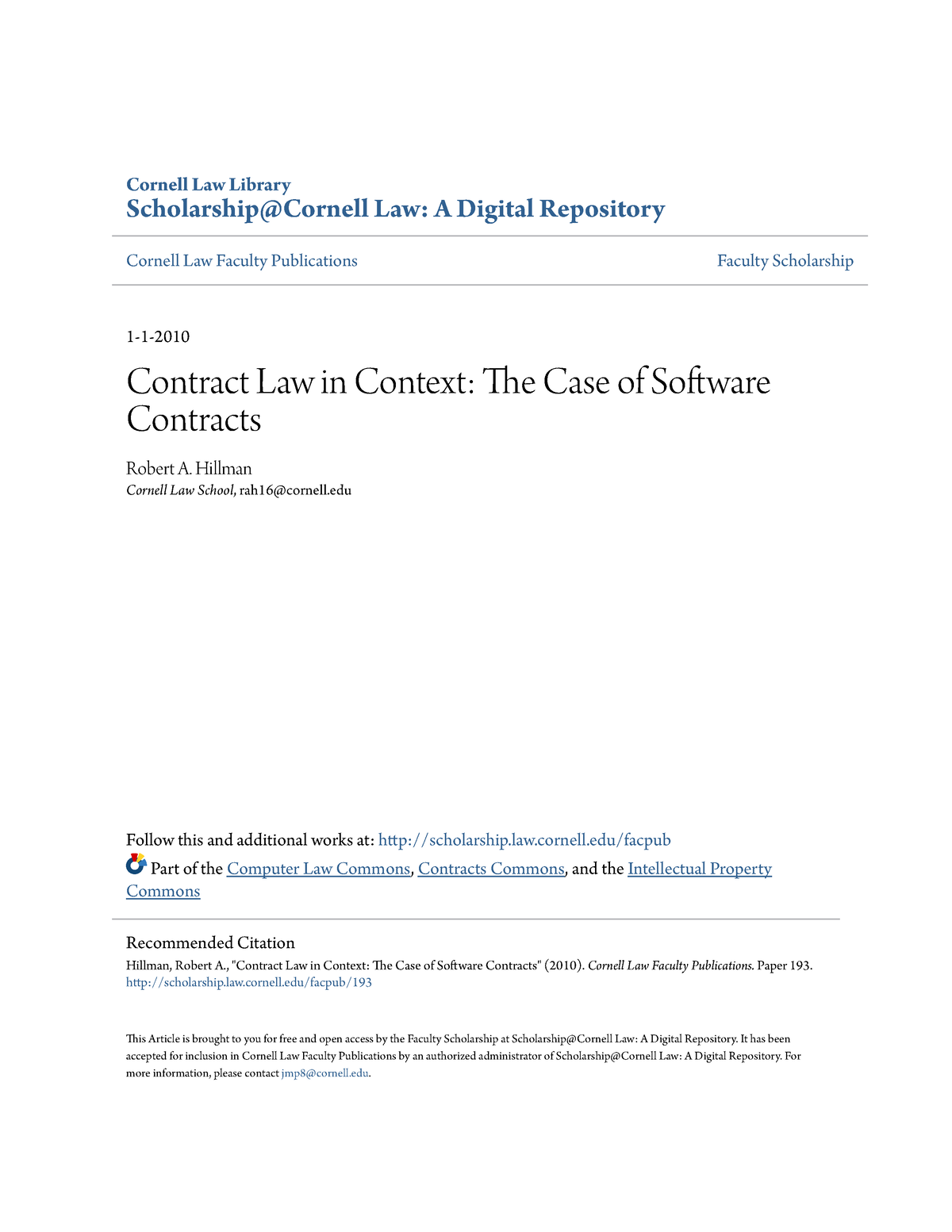 Contract Law in Context The Case of Software Contracts - Cornell Law ...