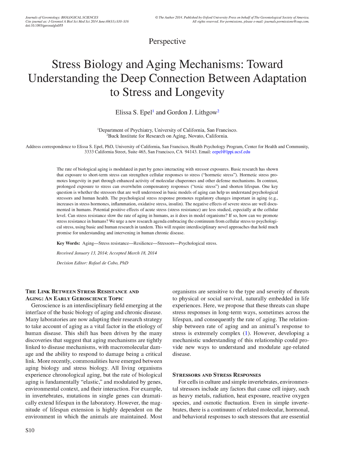 Stress Biology and Aging Mechanisms Journals of Gerontology