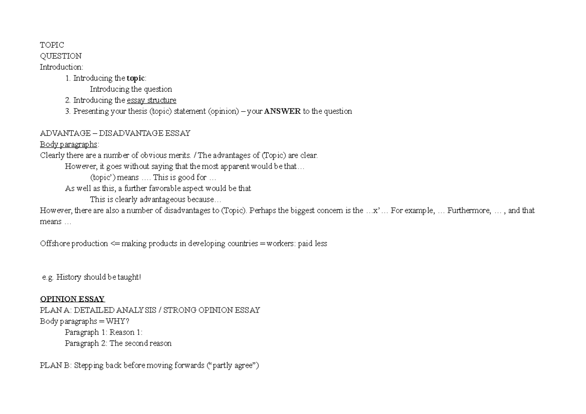 Essay Structures - .......tài liệu - TOPIC QUESTION Introduction: 1 ...