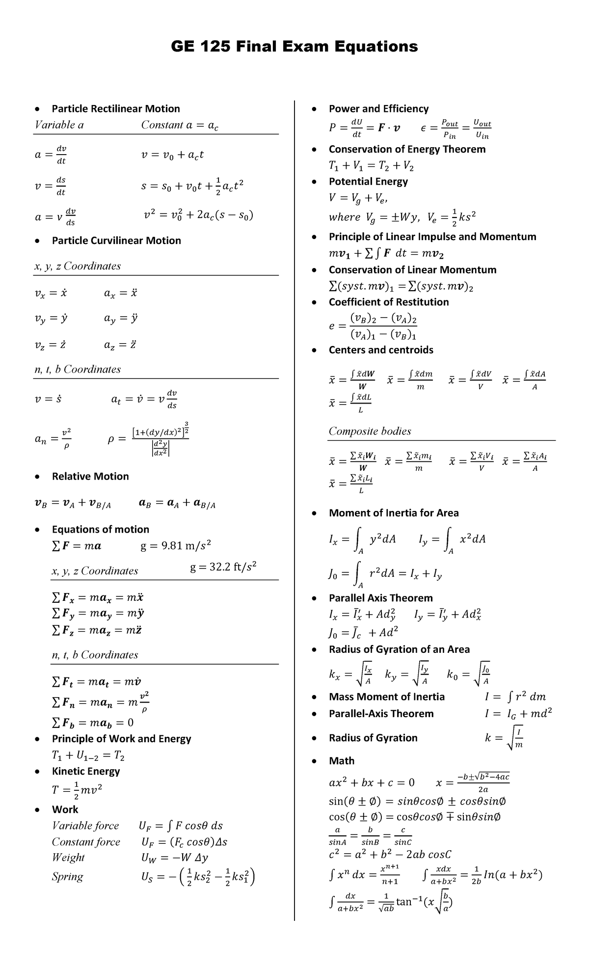 Final Exam 2018 Formulas - GE 125 Final Exam Equations Particle ...