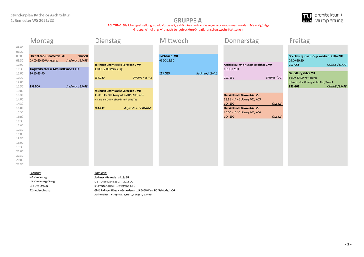 Stundenplan 1. Semester WS2021 22 NEU - 1. Semester WS 2021/ Montag ...