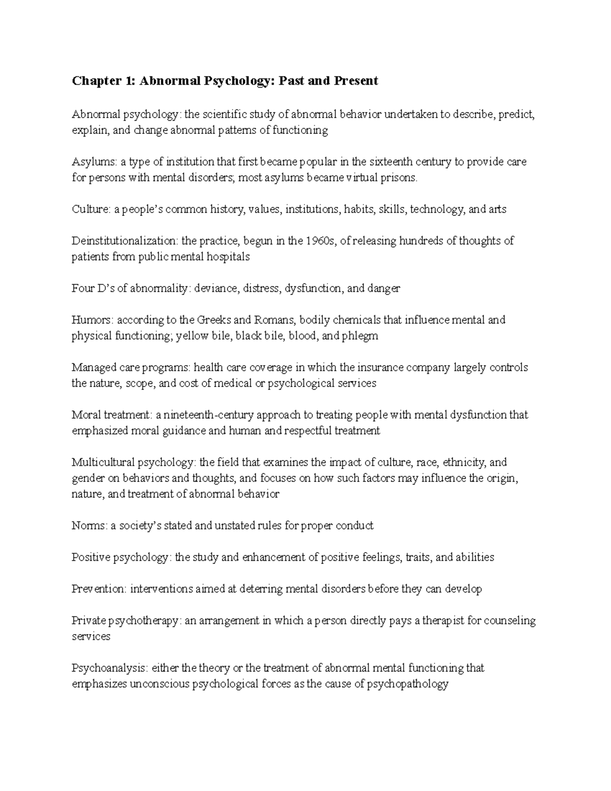 PSYC 3230 terms and concepts - Chapter 1: Abnormal Psychology: Past and ...
