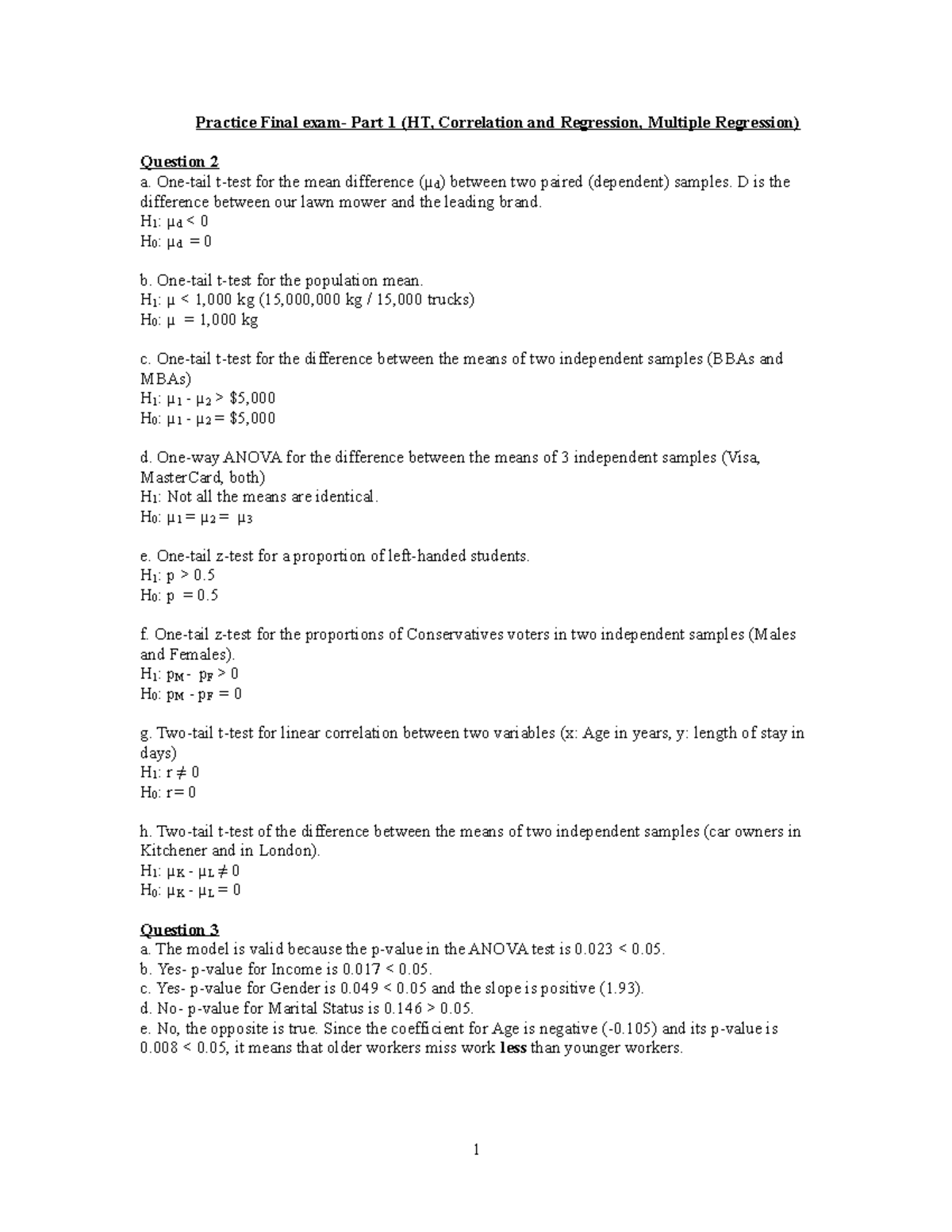 Practice Final Exam Part 1 Solutions Practice Final exam Part 1 (HT