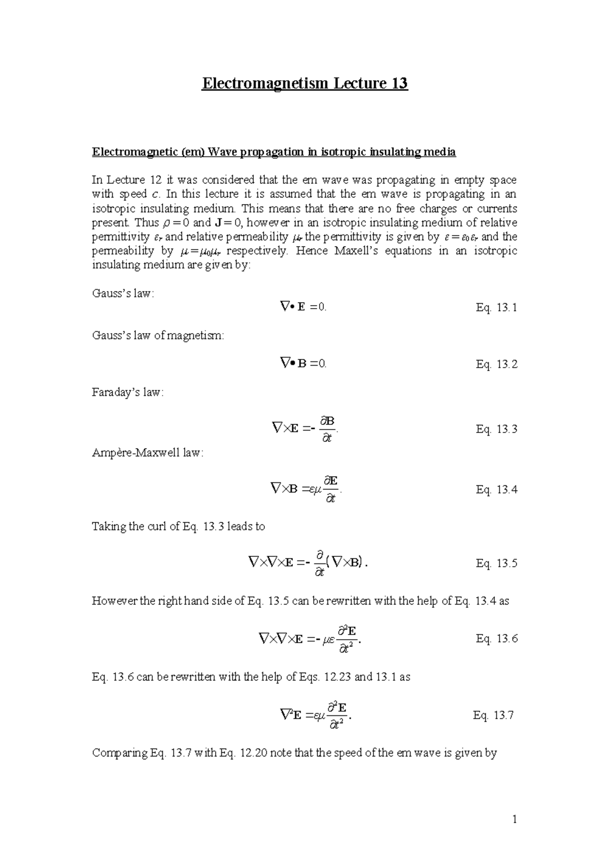 Electromagnetism Lecture 13: Lecture notes - Electromagnetism Lecture ...