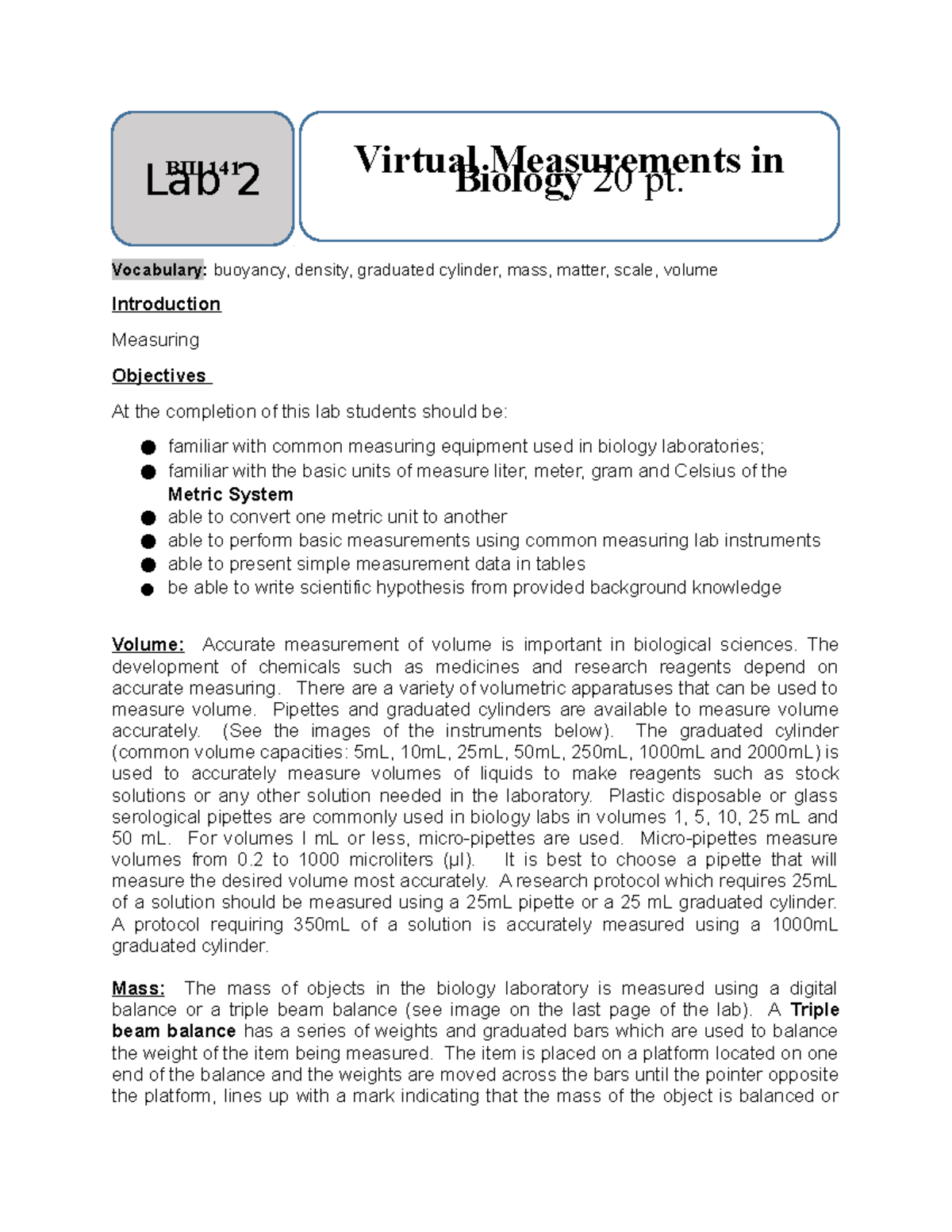 Lab 2- Measurements In Biology Virtual Final (1) - Vocabulary: Buoyancy ...