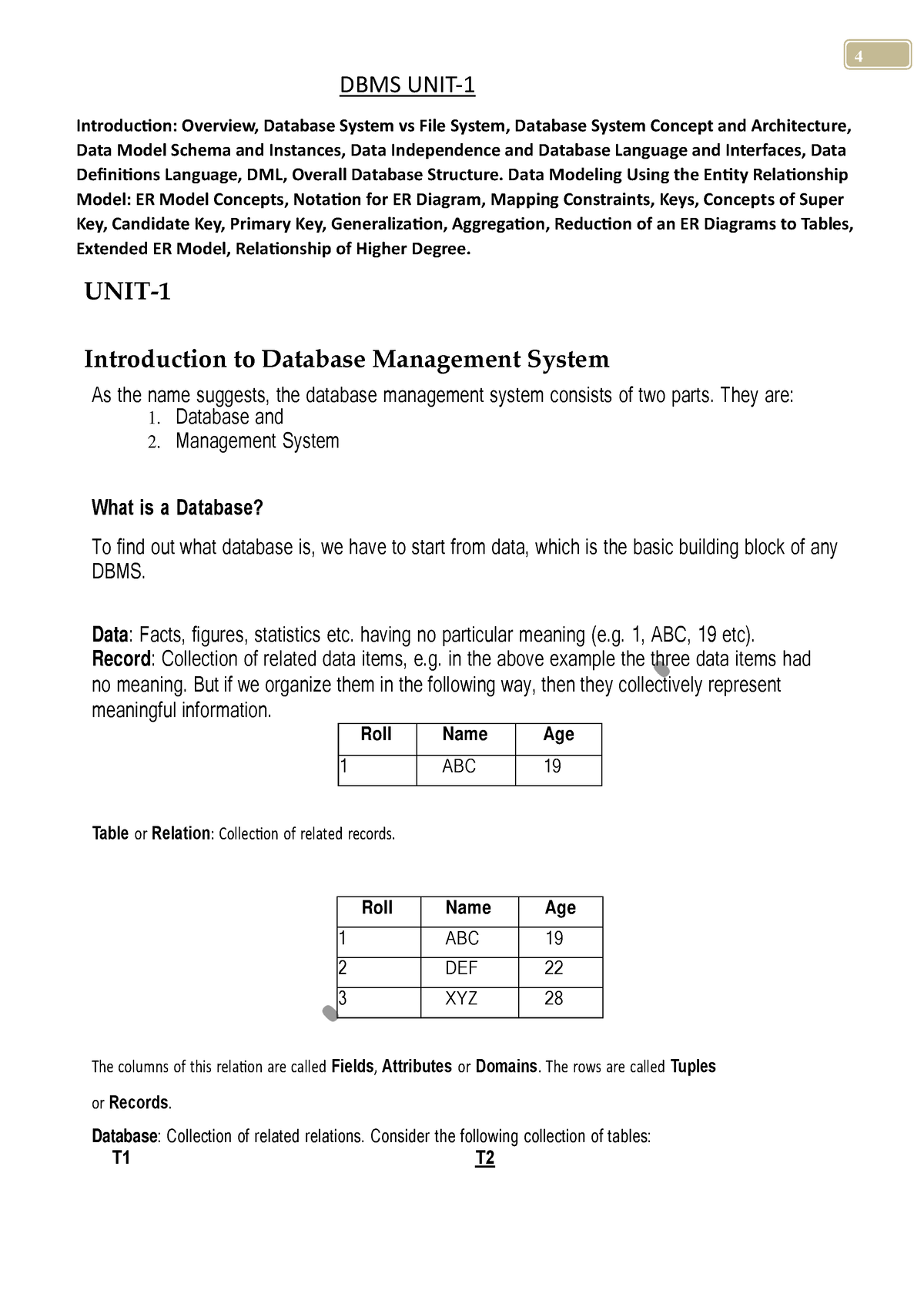 DBMS UNIT 1 - DBMS UNIT 1 - DBMS UNIT- 1 ####### Introduction: Overview ...