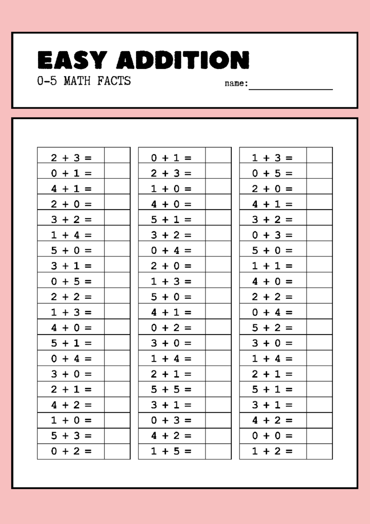 Addition 0-5 Math Worksheet in White Pink Red Simple Style - Pengajian ...