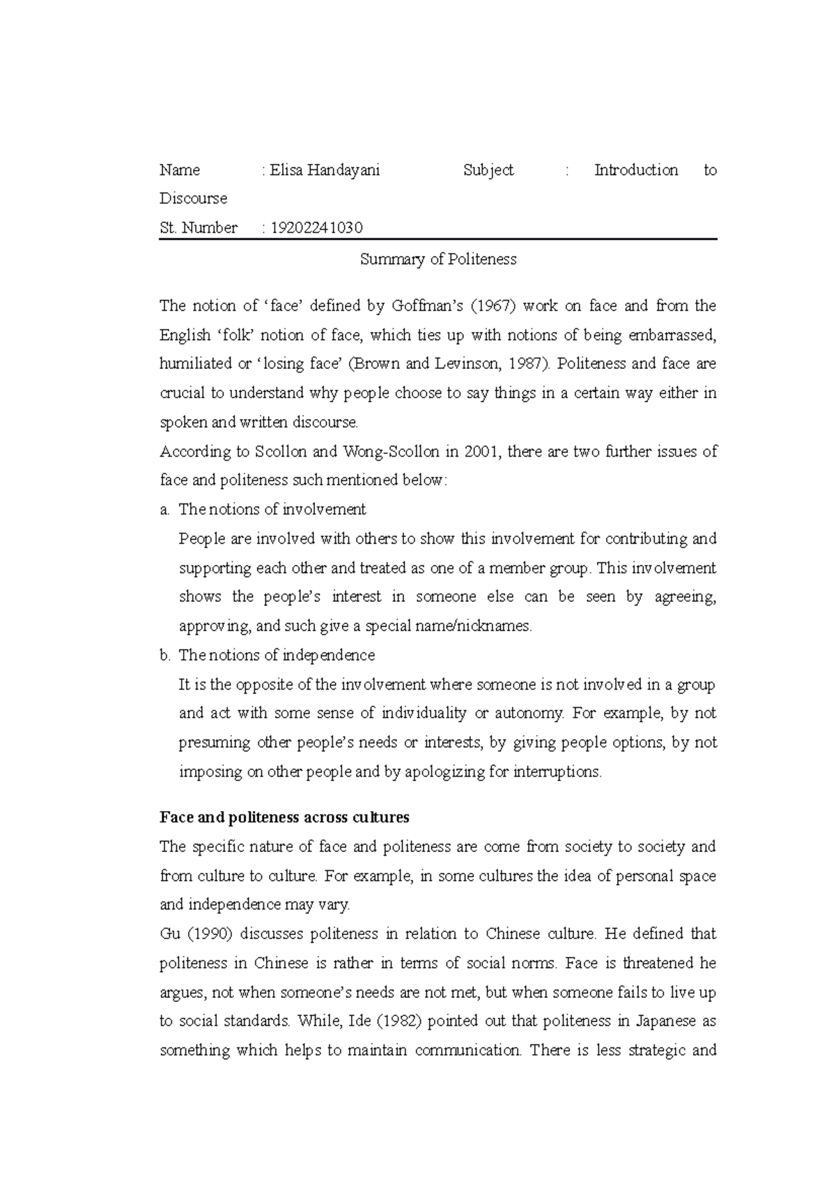 Politeness - Discourse Analysis - Name : Elisa Handayani Subject ...