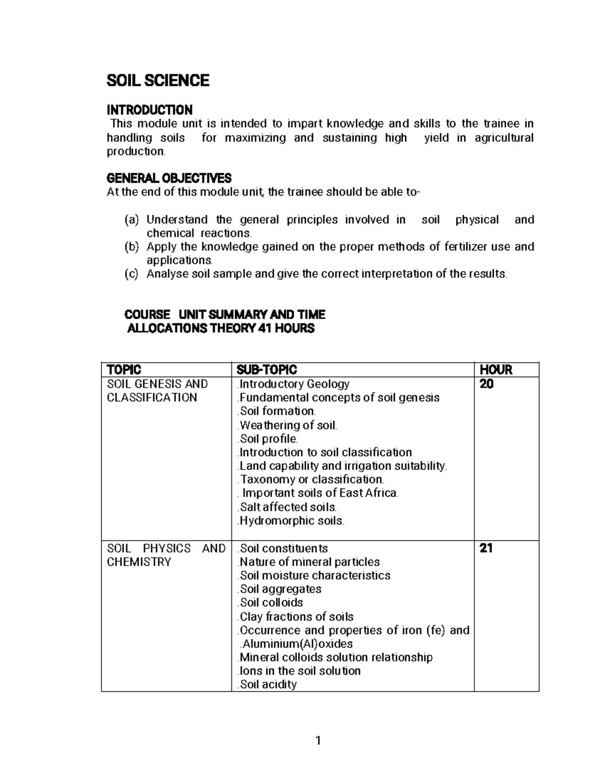 SOIL Science Module ONE-1 - SOIL SCIENCE INTRODUCTION This module unit ...