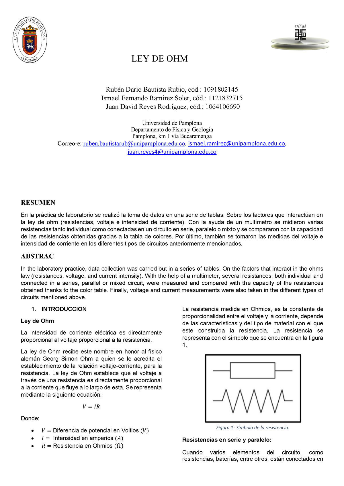 Informe De Ley De Ohm - LEY DE OHM Rubén Darío Bautista Rubio, Cód ...