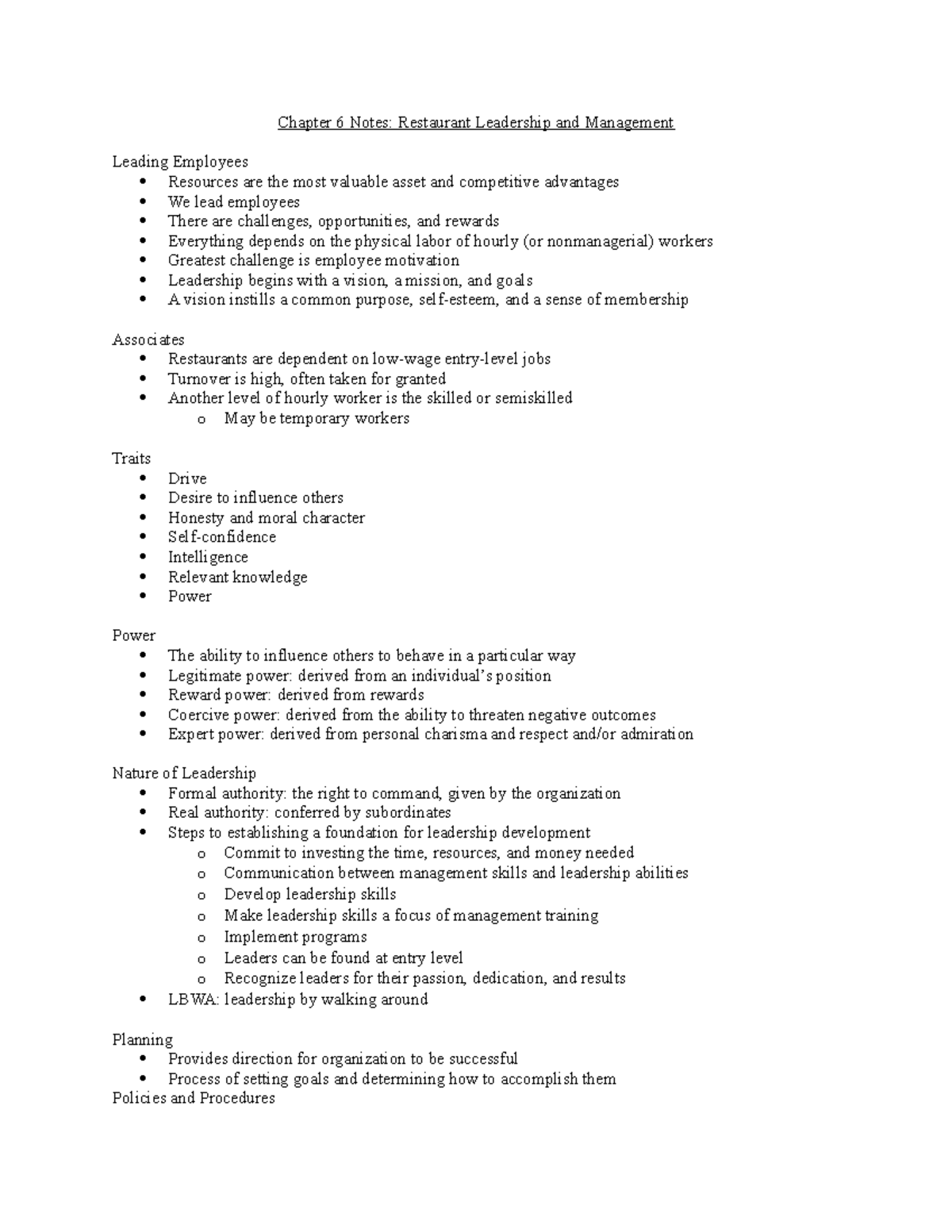 Chapter 6 Notes - Chapter 6 Notes: Restaurant Leadership And Management ...