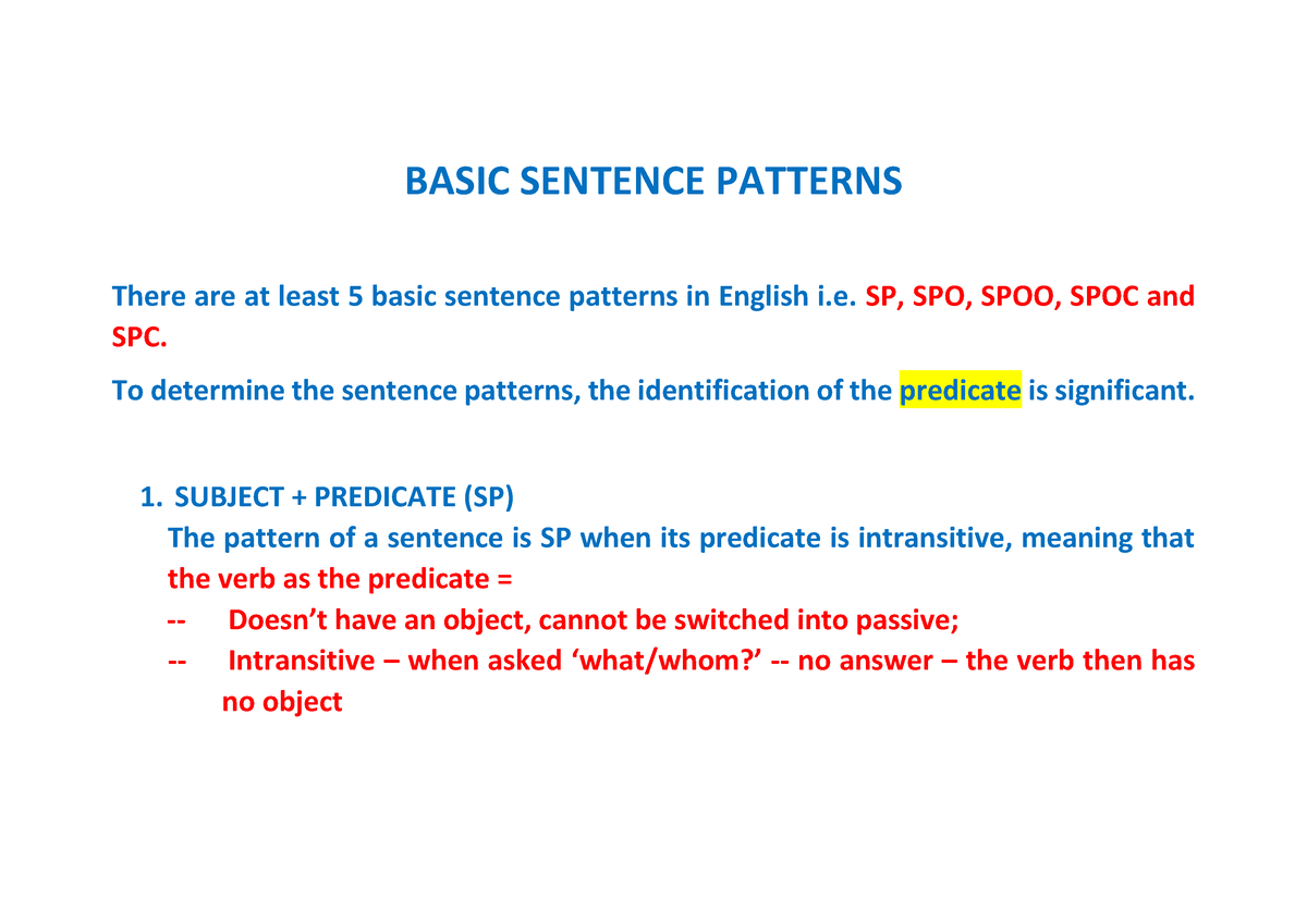 Sentence Pattern Examples With Answers Pdf Download