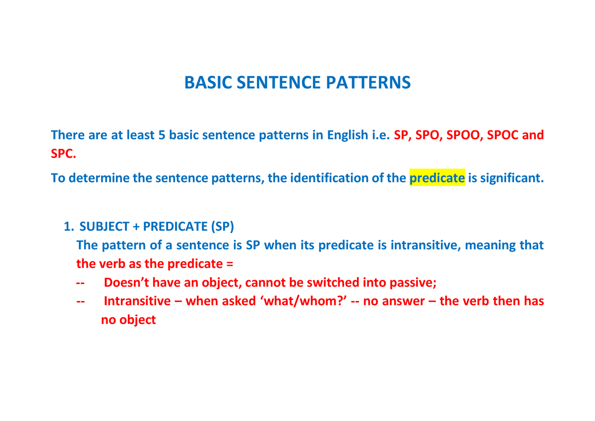 Basic Sentence Patterns BASIC SENTENCE PATTERNS There Are At Least 5 