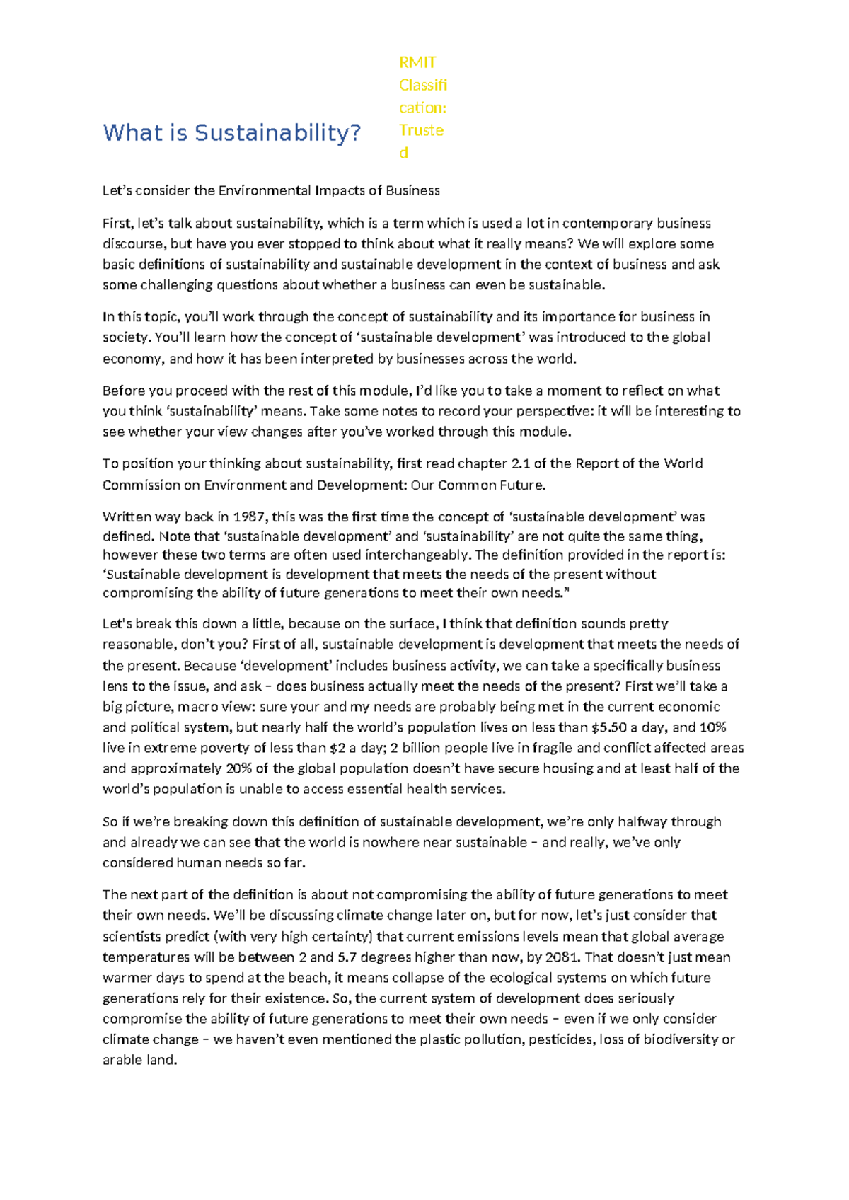 What is Sustainability Transcript - RMIT Classifi cation: Truste d What ...