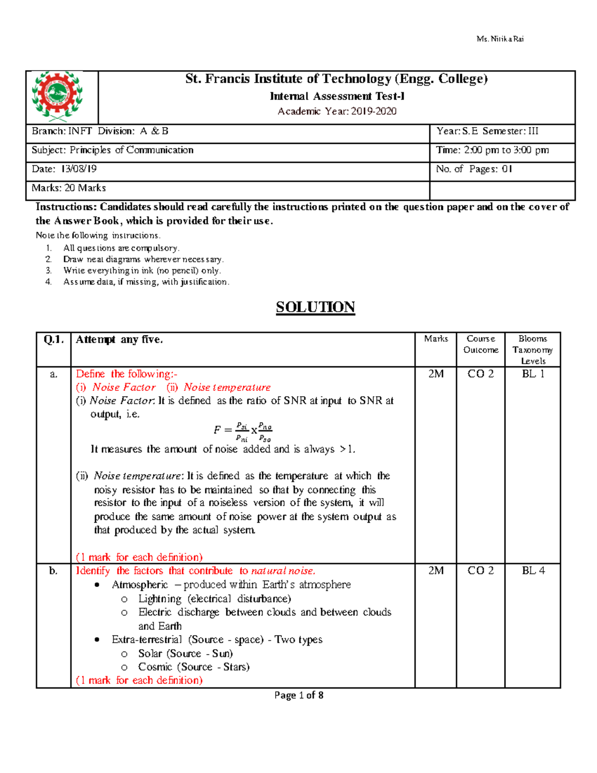 2019 August IAT 1 SE INFT SEM III PCOM Solution - St. Francis Institute ...