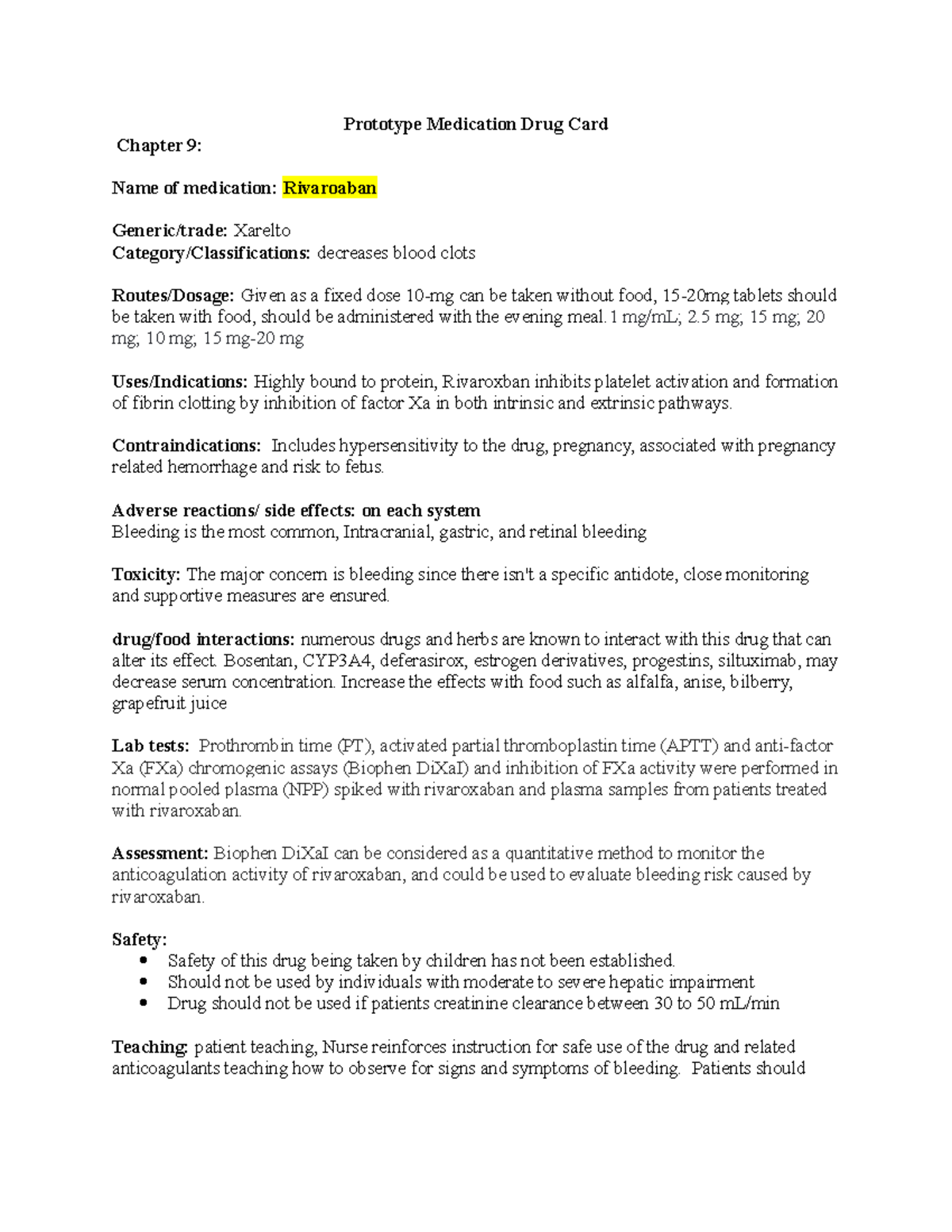 Chapter 9 Prototype Medication Card Prototype Medication Drug Card