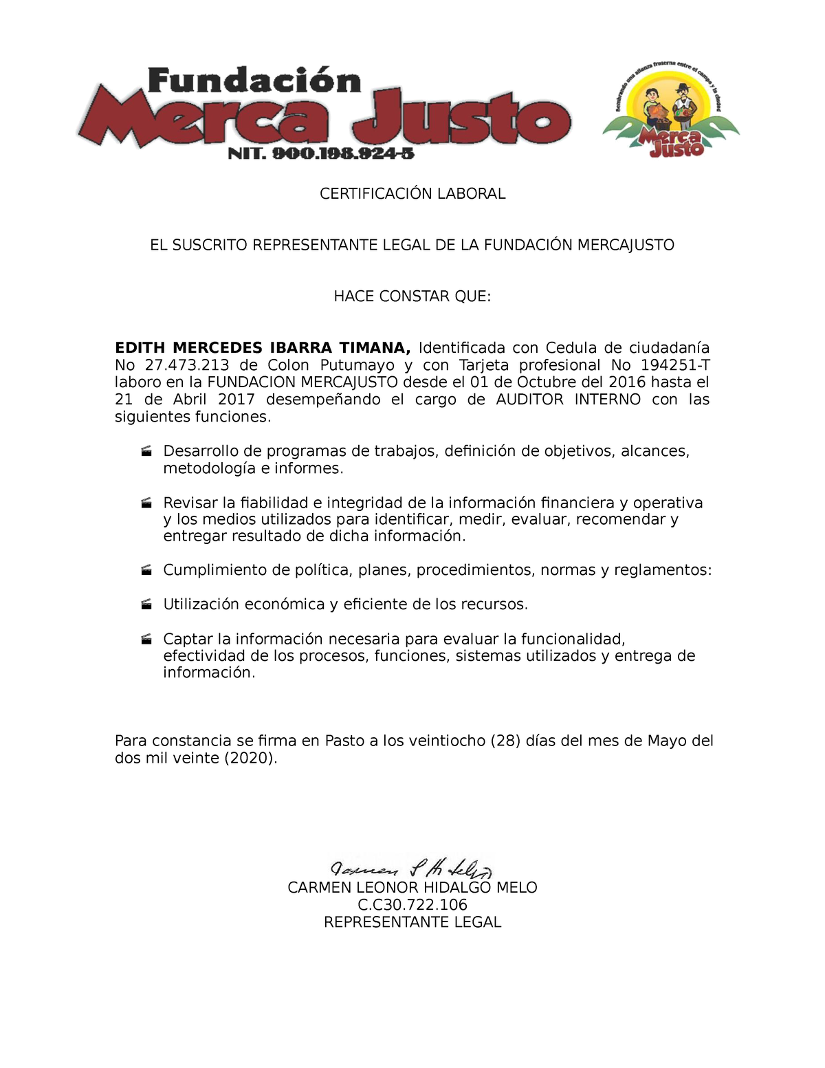 Mercajusto 1 Fdfdfdfdfd CertificaciÓn Laboral El Suscrito