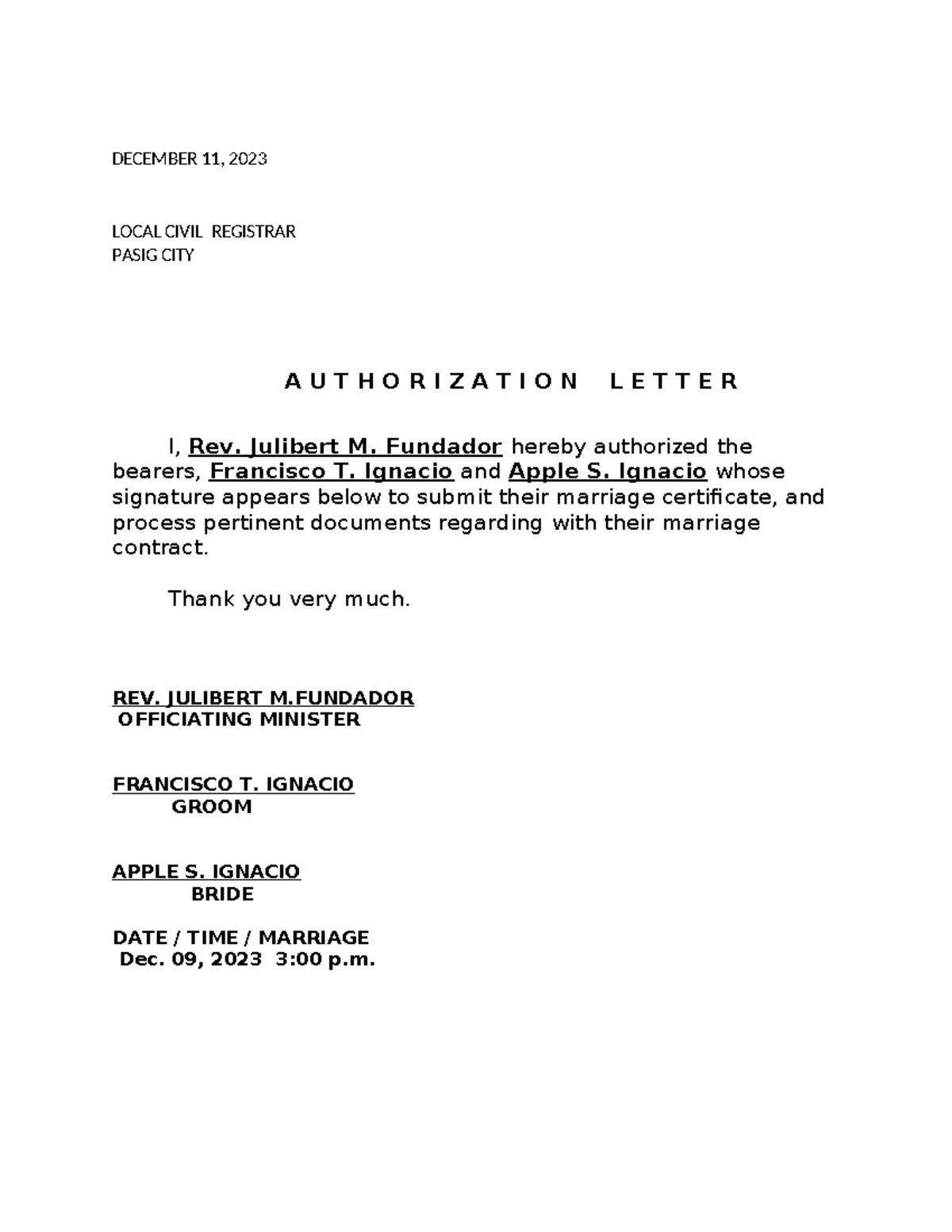 Athorization Letter - none - DECEMBER 11, 2023 LOCAL CIVIL REGISTRAR ...