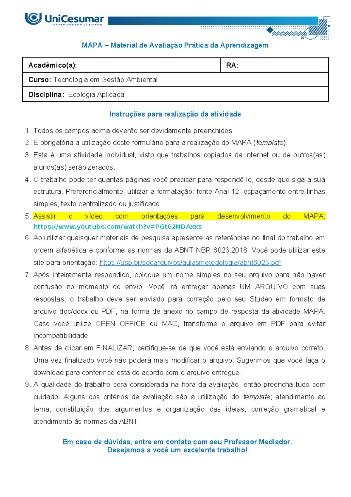 Mapa Atividade ObrigatÓria Mapa Material De Avaliação Prática Da Aprendizagem Acadêmicoa 3950