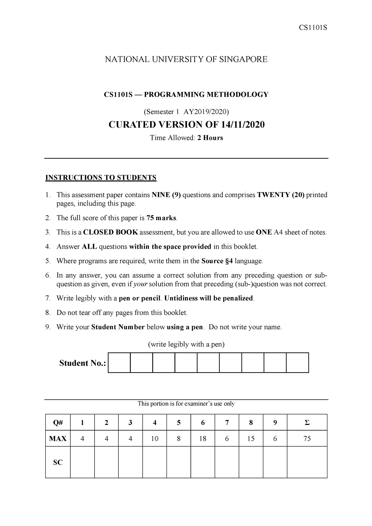 Cs1101s 1920s1 final - wfqwfwqfwqdwq - NATIONAL UNIVERSITY OF SINGAPORE ...