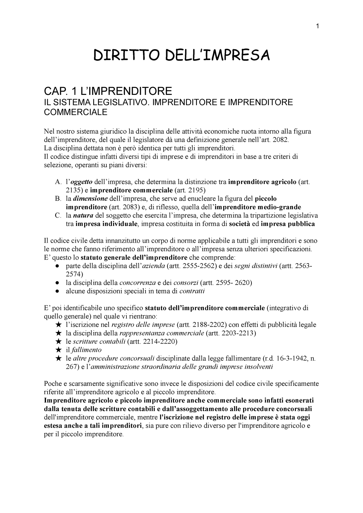 Diritto commerciale - Riassunto sulla figura dell'imprenditore