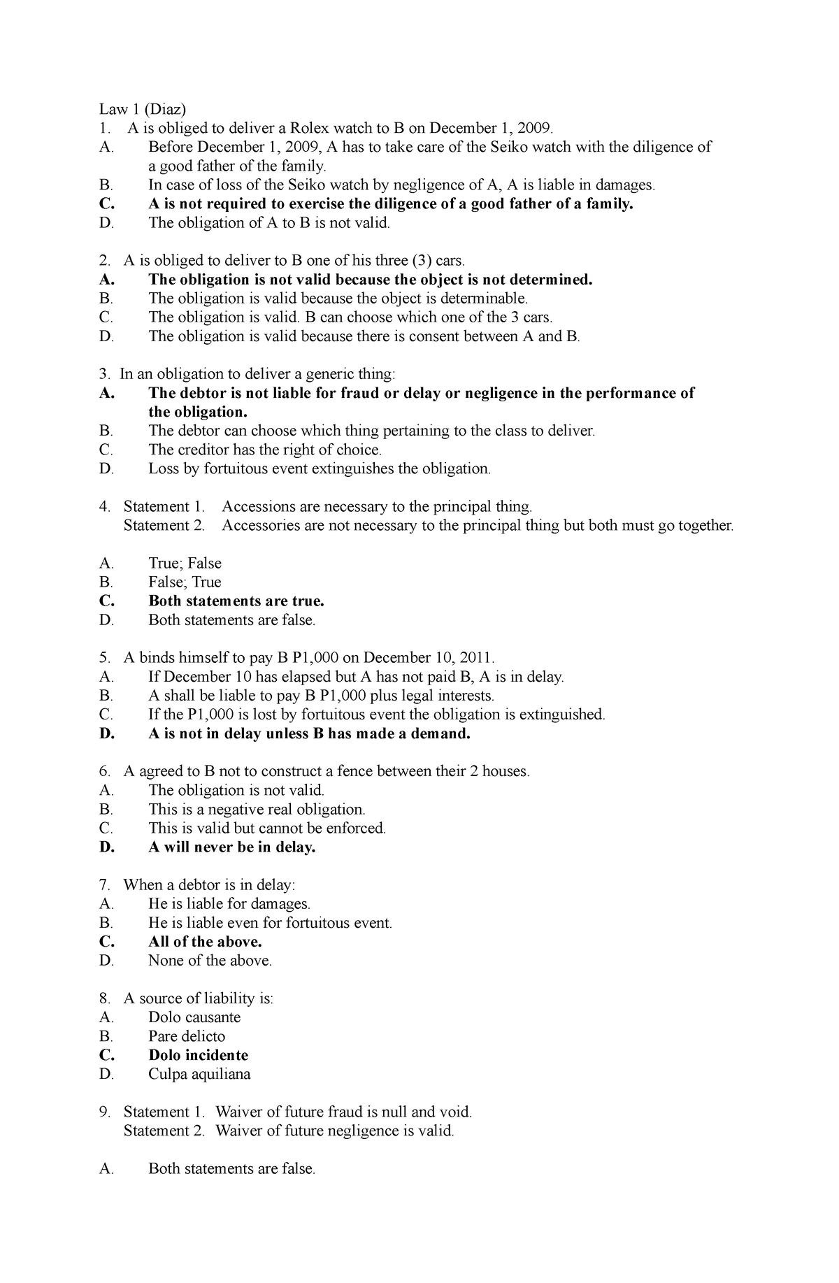 Test bank law 1 diazdoc - notes - Law 1 (Diaz) A is obliged to deliver ...