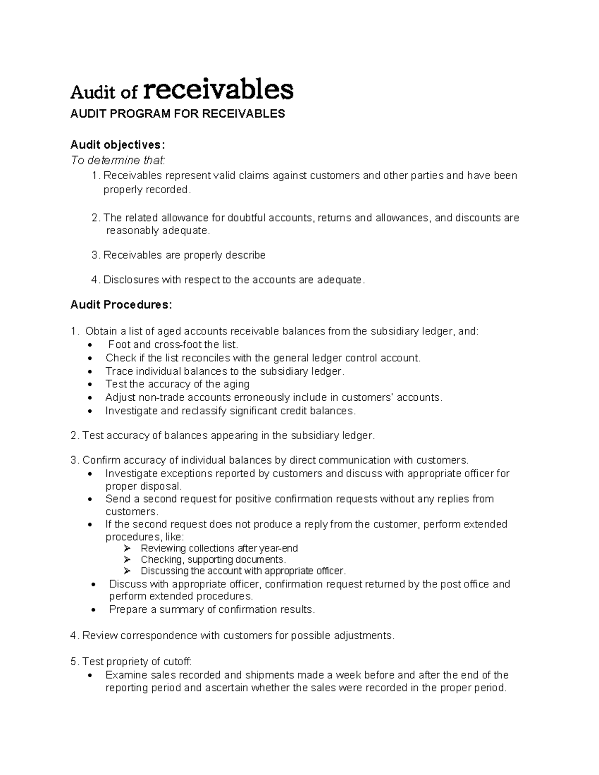 Receivable with answer - Audit of receivables AUDIT PROGRAM FOR ...