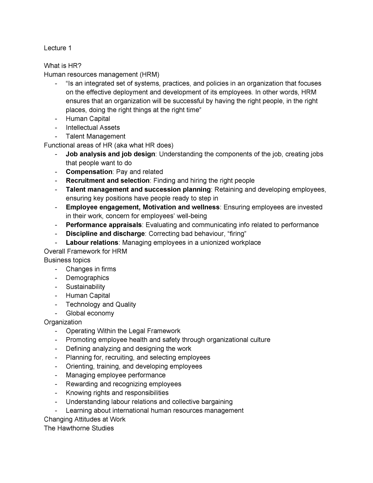 MHR 523 Notes - Lecture 1 What is HR? Human resources management (HRM ...