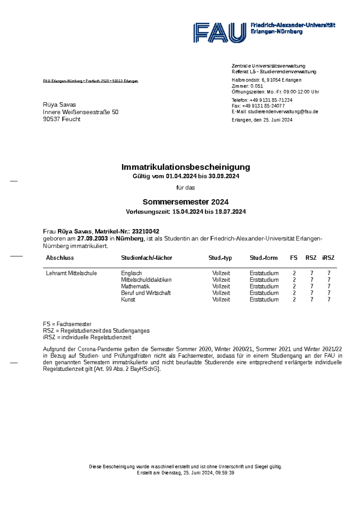 2024 06 25 Immatrikulationsbescheinigung FAU Erlangen N rnberg 