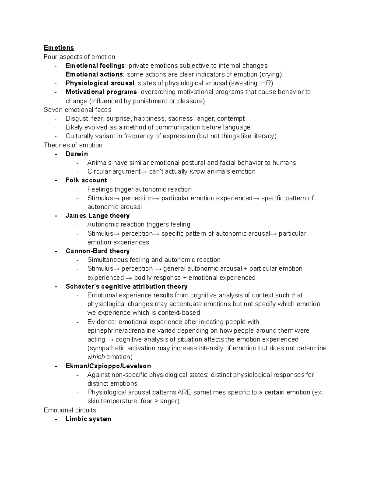 Notes for final - Emotions Four aspects of emotion - Emotional feelings ...